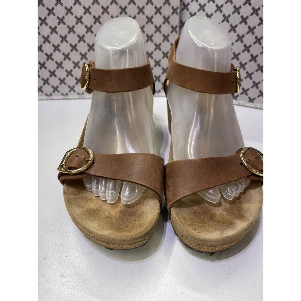 Papillio Birkenstock Namica Wedge Sandals Brown Leather Gold Buckle 42 L11